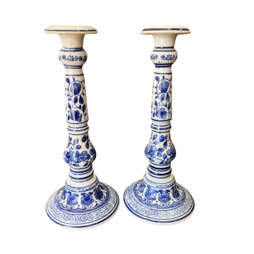 Floral Blue & White Chinese Candlesticks Antique/Vintage  Floral Motif Porcelain - Picture 3 of 16